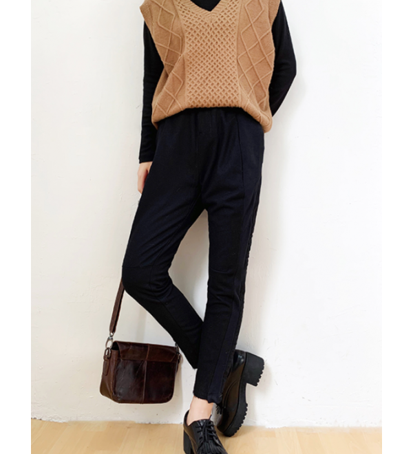 Black slim wool tweed casual pants