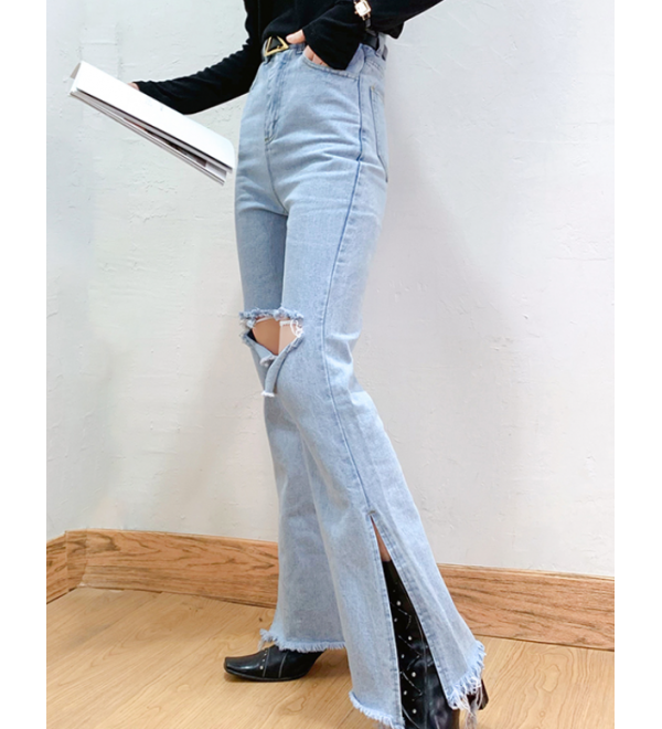 Ripped slit microlapped high waist jeans