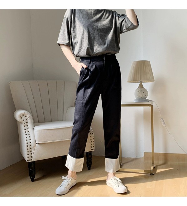 Linen rolled hem high waist female casual pants